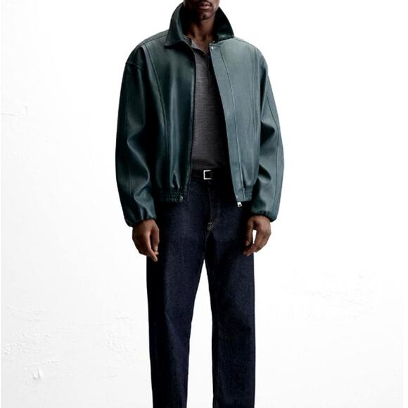 Zara Men's Duck Green Leather Effect Jacket Size L - Picture 1 of 13